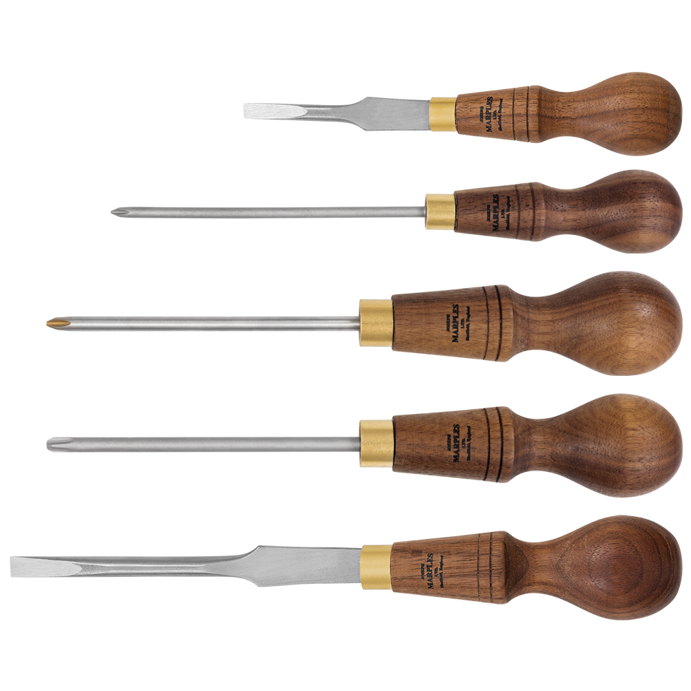 Cabinet Screwdrivers, Slotted and PH, Oiled Walnut Handle, 5-piece Set