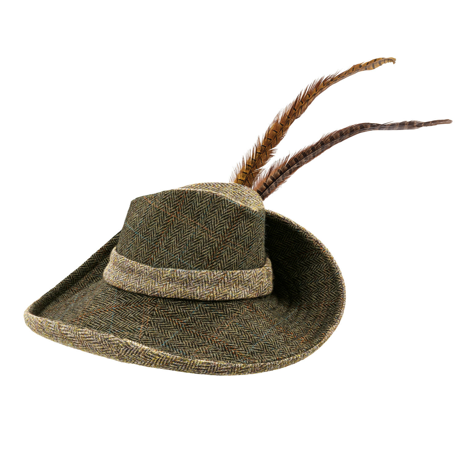 Chapeau à plumes en tweed Sara Tiara, beige/naturel/vert