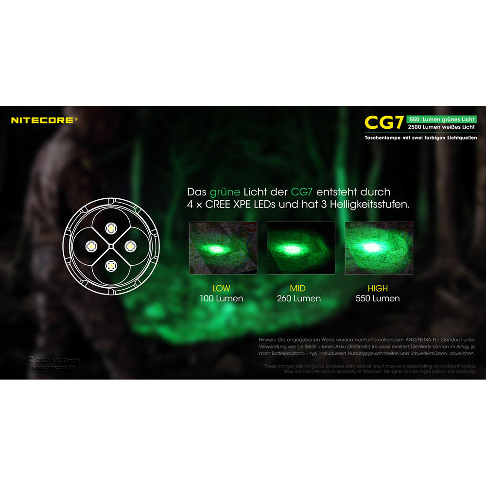 Lampe torche Nitecore® CG7, 2500 lm lumière blanche et 540 lm lumière verte