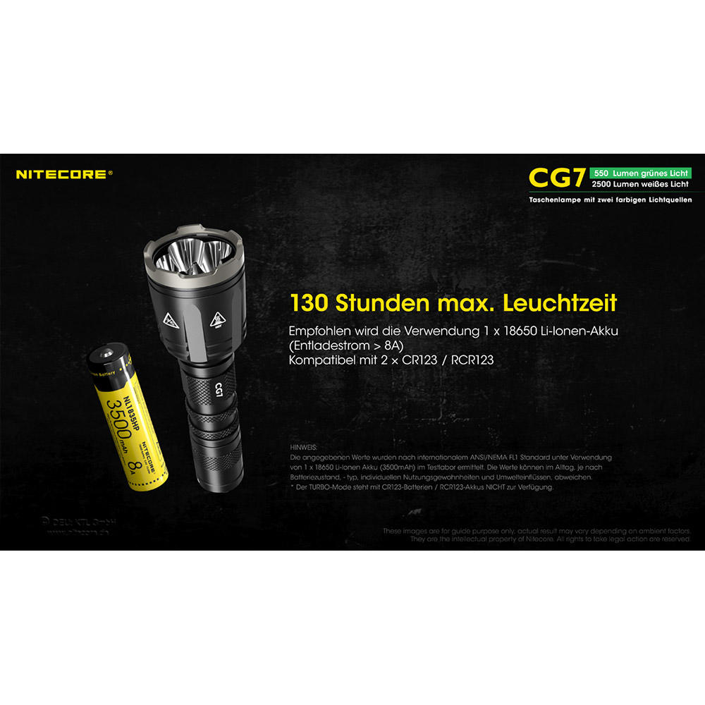 Lampe torche Nitecore® CG7, 2500 lm lumière blanche et 540 lm lumière verte