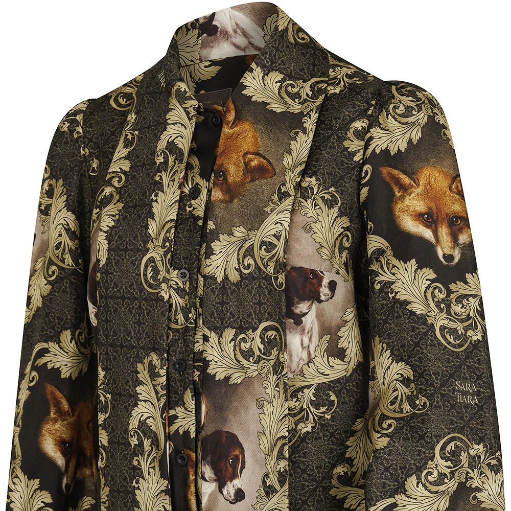 Blouse en soie Sara Tiara, motif renard et chien