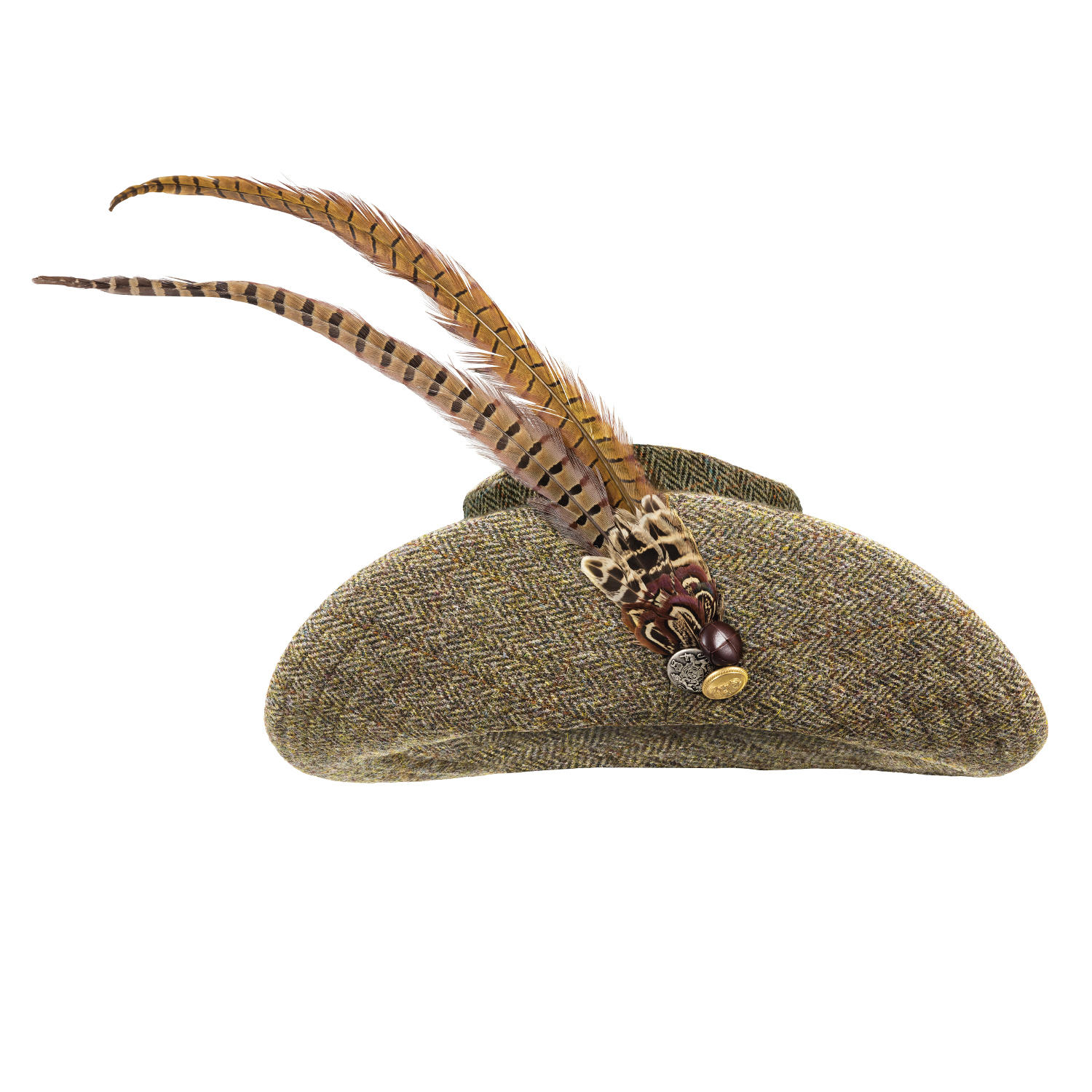 Chapeau à plumes en tweed Sara Tiara, beige/naturel/vert