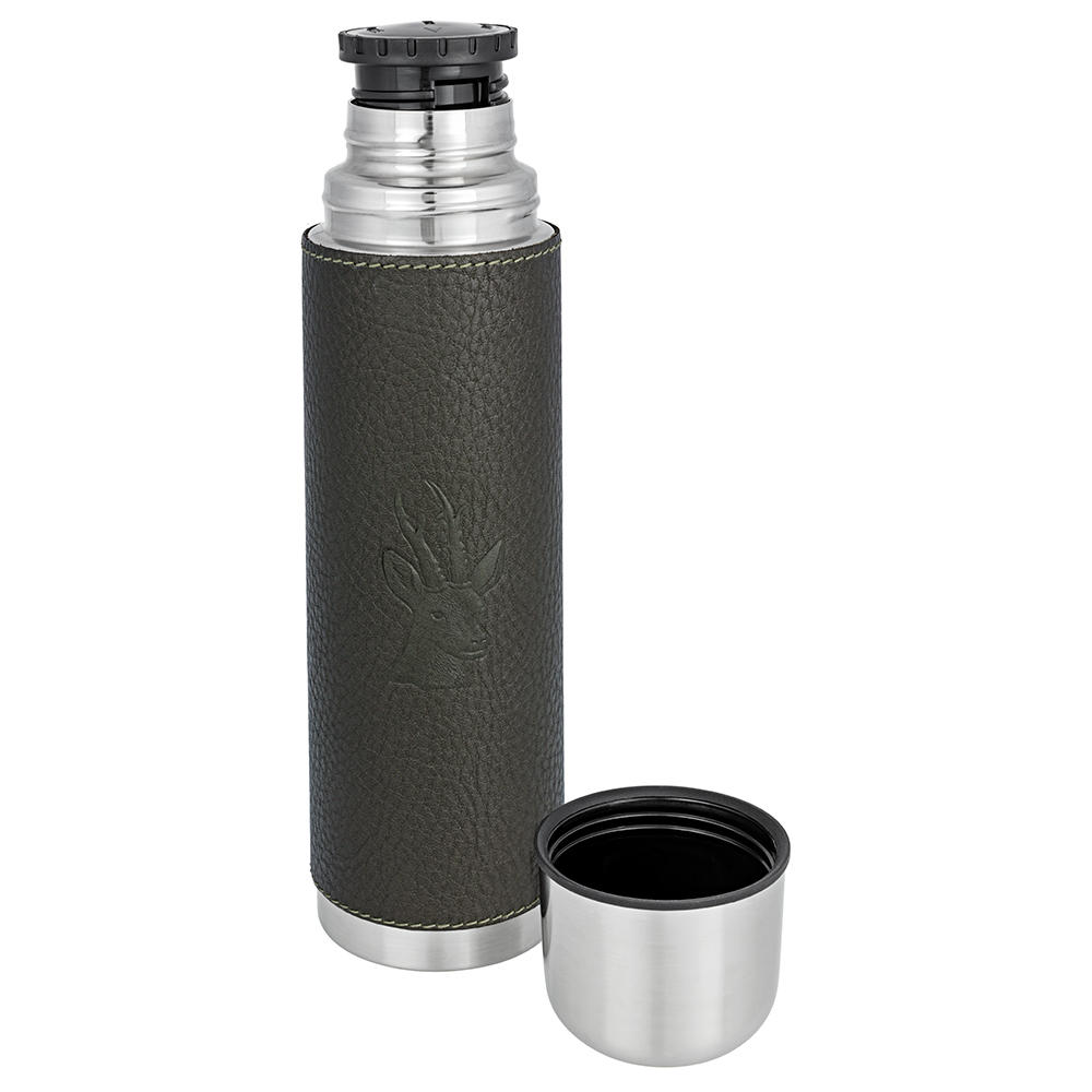 BEIER Insulated Bottle with Leather Trim, 700 ml, Olive, Roebuck Motif