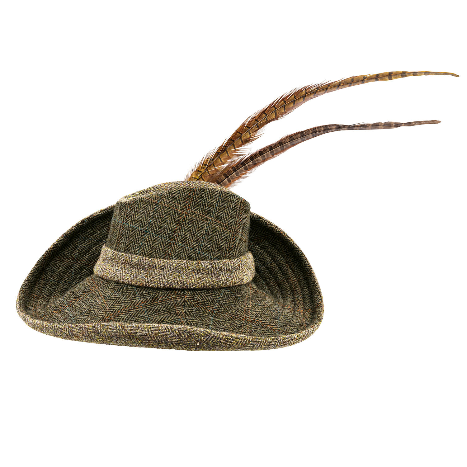 Chapeau à plumes en tweed Sara Tiara, beige/naturel/vert