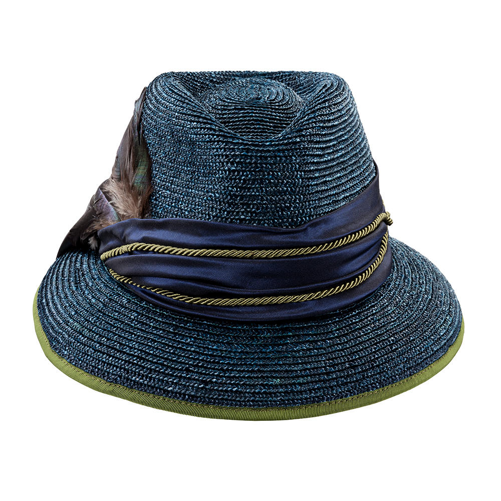 Chapeau pour femme » Witta «, paille tressée à plume, bleu marine