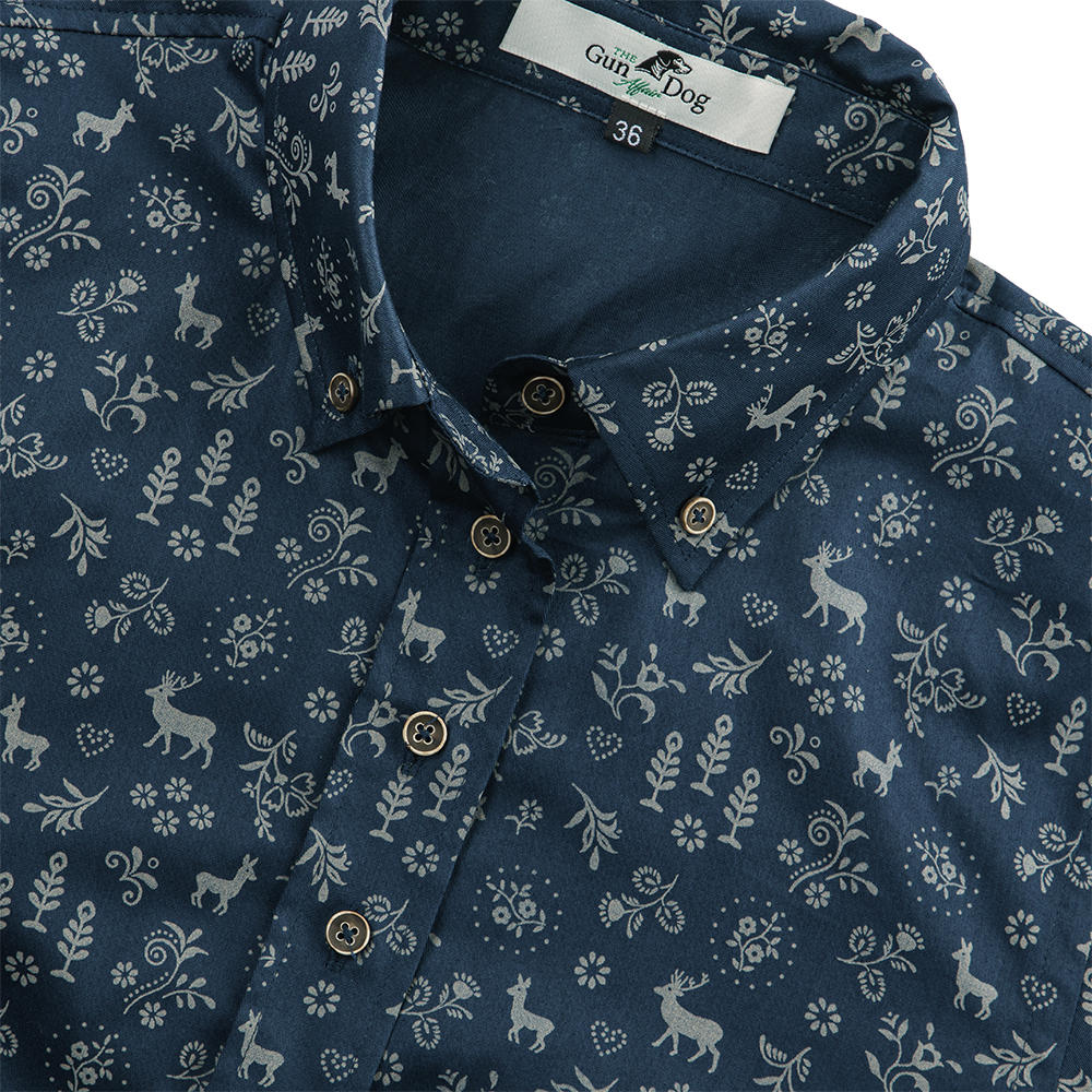 Button-Down-Bluse, Baumwoll-Satin Hirsch-Druck