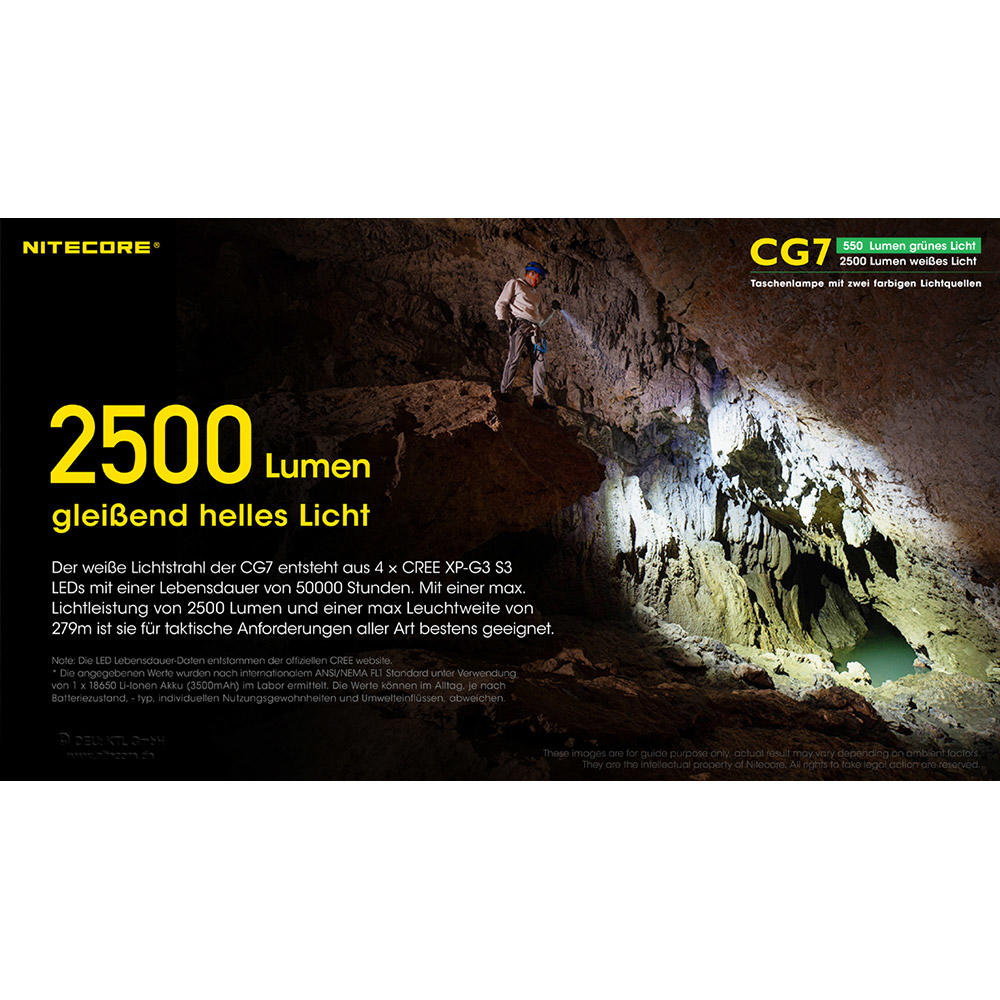 Lampe torche Nitecore® CG7, 2500 lm lumière blanche et 540 lm lumière verte