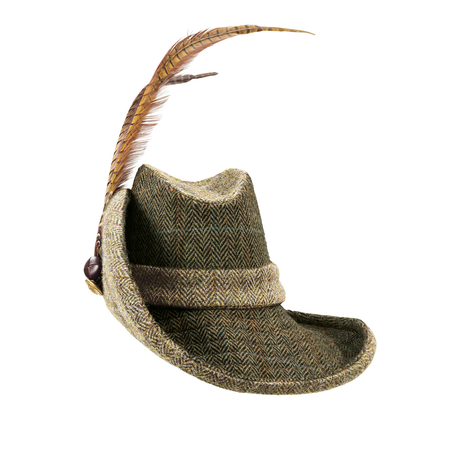 Chapeau à plumes en tweed Sara Tiara, beige/naturel/vert