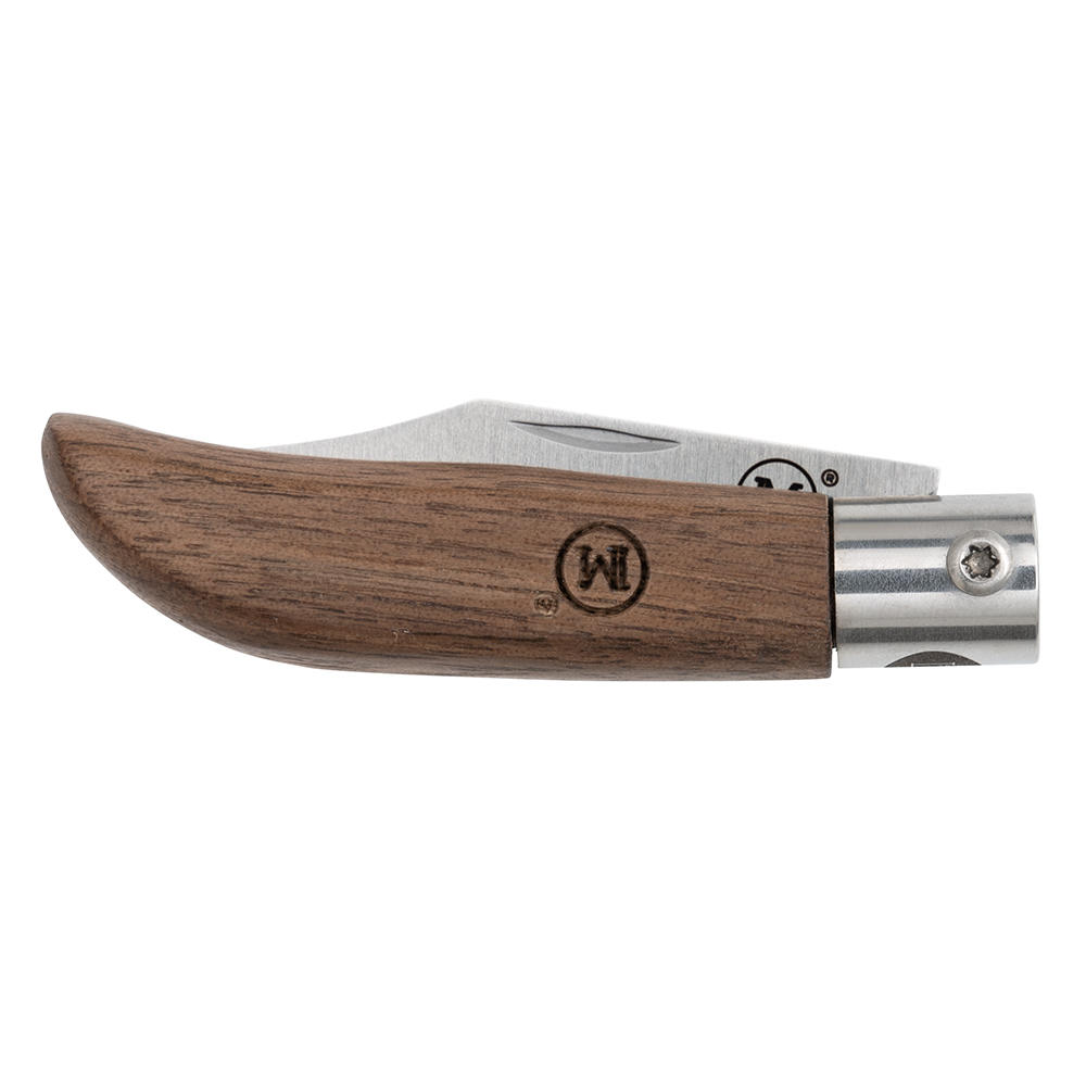 MAIN »Mini Line« Folding Knife, Walnut, Clip Point, with Leather Case